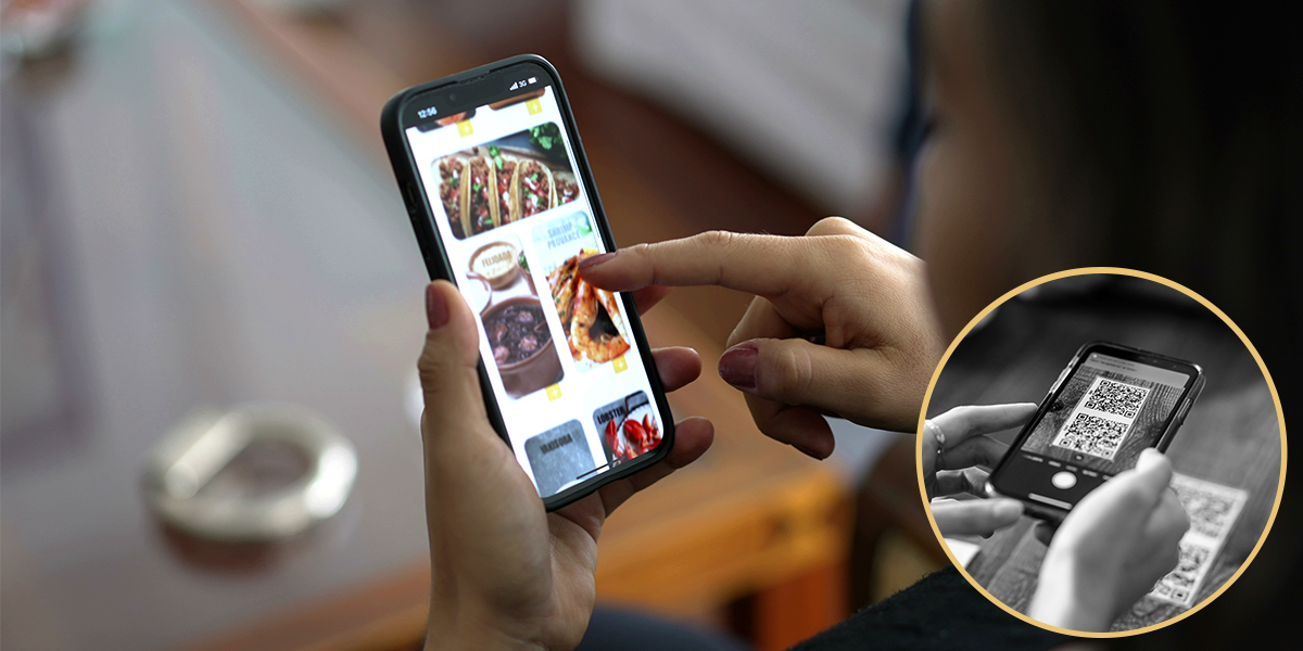 Photomontage de deux images : menu en ligne et QR code pour vos tables de restauration 