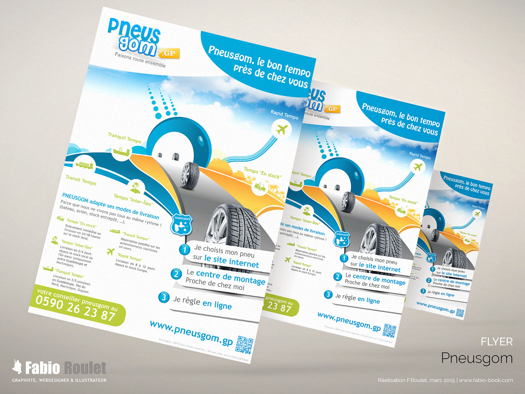 Tract publicitaire sur les modes de livraisons de Pneusgom dans les Antilles