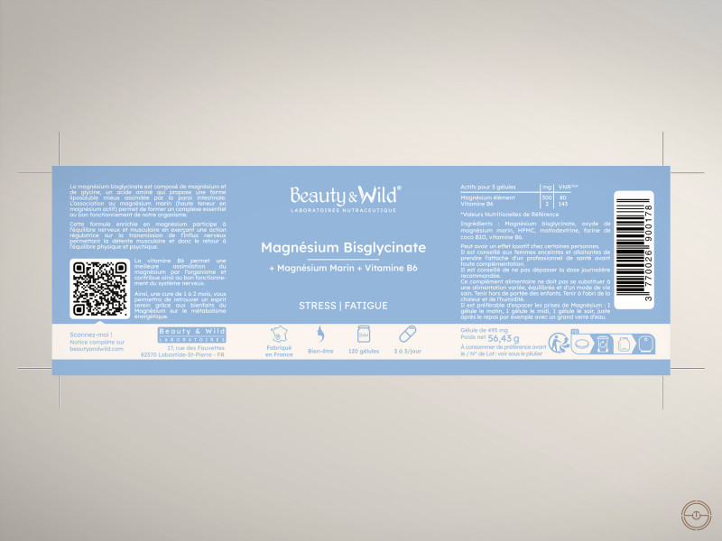 Image de présentation des étiquettes des compléments alimentaires "Magnesium" de la marque Beauty and Wild à Montauban.