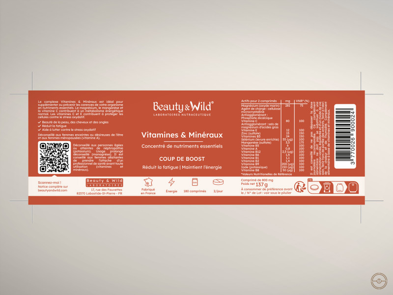 Image de présentation des étiquettes des compléments alimentaires "Vitamines et minéraux" de la marque Beauty and Wild à Montauban.